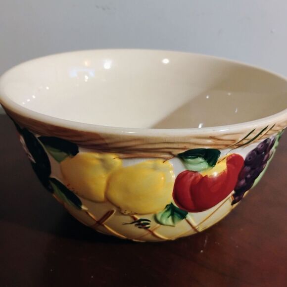 Vibrant Red and Yellow Ceramic Cookware Bowl with Rustic Fruit Design - Picture 3 of 7